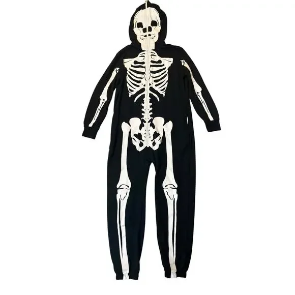 Tipsy Elves Men's Skeleton Hooded Onesie Large Costume Full Zip Pajamas Fleece - Picture 3 of 11
